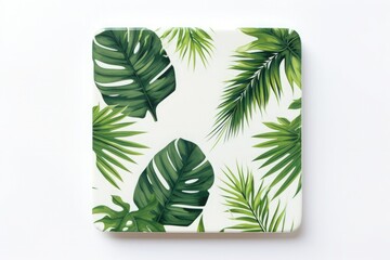 Top view square plate or coaster with print of palm and monstera leaves on white background. Empty space for product placement or promotional text. - obrazy, fototapety, plakaty