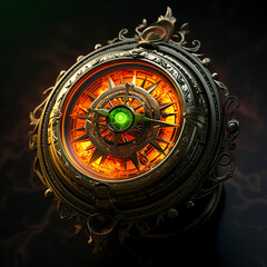 Obraz premium A neon orange and green pirate compass casts its enchanting glow. Exotic pirate compass with a fusion of vibrant colors guiding the way through uncharted seas.