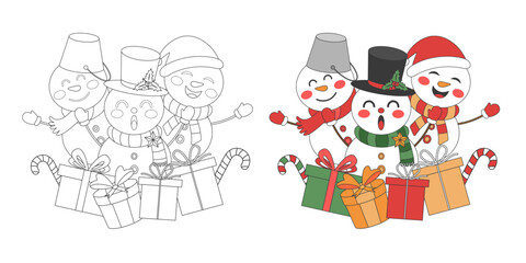 Snowman with Christmas gift, Christmas theme line art doodle cartoon illustration, Coloring book for kids, Merry Christmas.