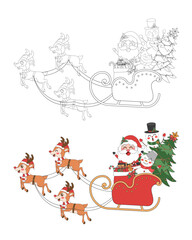 Santa Claus on sleigh with snowman, Christmas theme line art doodle cartoon illustration, Coloring book for kids, Merry Christmas.