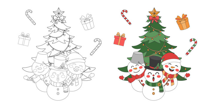 Snowman with Christmas tree and gift, Christmas theme line art doodle cartoon illustration, Coloring book for kids, Merry Christmas.