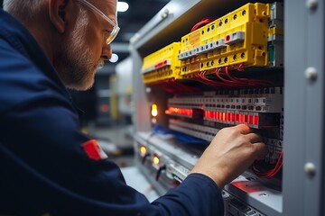Close-up hand of Electrician engineer tests electrical installations and wires on relay protection system