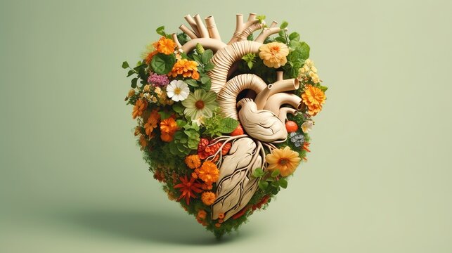 Human heart full of life, flowers and plants, Generative ai.