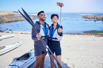 Couple, selfie and outdoor for kayak or travel at a beach with stick for vacation memory. A man and...