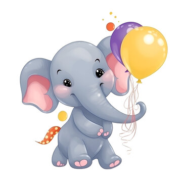 Cute cartoon elephant with balloons. Vector illustration on white background.