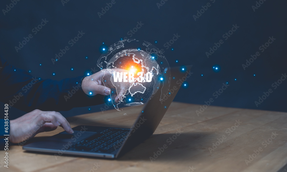 Poster web 3.0 concept image with businessman hand show web 3.0 with globe. technology global network, bloc