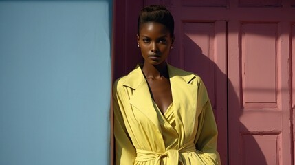 A beautiful african american girl in a lemon yellow outfit poses against a backdrop of pink and blue walls. The sun's rays create a play of light and shadow