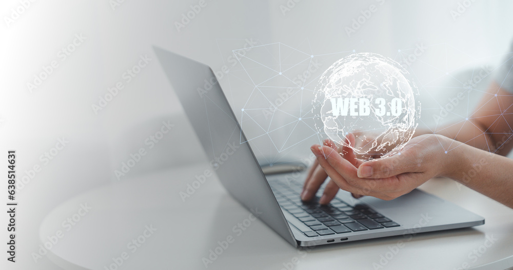 Poster web 3.0 concept image with businessman hand show web 3.0 with globe. technology global network, bloc
