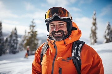 Fototapeta na wymiar Portrait of a senior man snowboarder smiling in the mountains