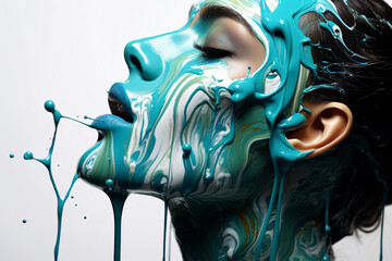 Brunette with turquoise paint pouring from above on face, side view, white colours - obrazy, fototapety, plakaty