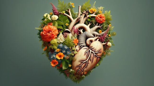 Human heart full of life, flowers and plants, Generative ai.