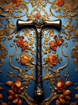 A Blue And Gold Hammer On A Gold Background