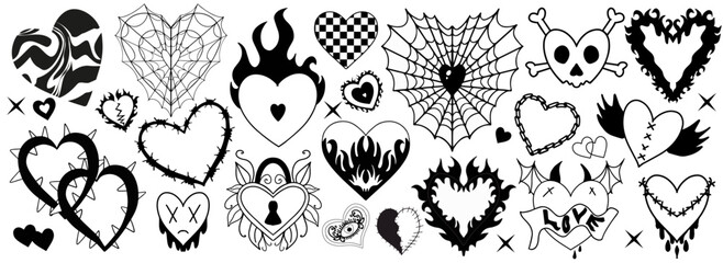 Y2k 2000s cute emo goth hearts stickers, tattoo art elements . Vintage black gloomy set heart. Gothic concept of creepy love. vector illustration.