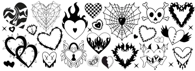 Keuken foto achterwand Grunge vlinders Y2k 2000s cute emo goth hearts stickers, tattoo art elements . Vintage black gloomy set heart. Gothic concept of creepy love. vector illustration.
