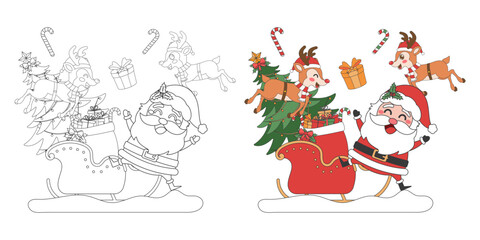 Fototapeta premium Santa Claus, reindeer with sleigh, Christmas theme line art doodle cartoon illustration, Coloring book for kids, Merry Christmas.