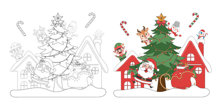 Santa Claus and cute Christmas characters with Christmas tree in snow village, Christmas theme line art doodle cartoon illustration, Coloring book for kids, Merry Christmas.