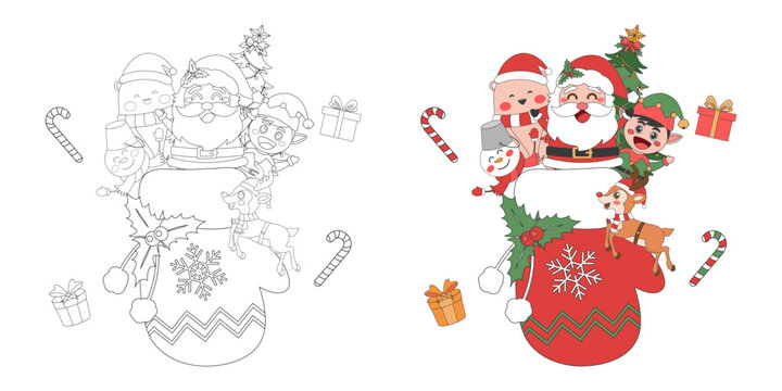 Santa Claus and cute Christmas characters with Christmas glove, Christmas theme line art doodle cartoon illustration, Coloring book for kids, Merry Christmas.