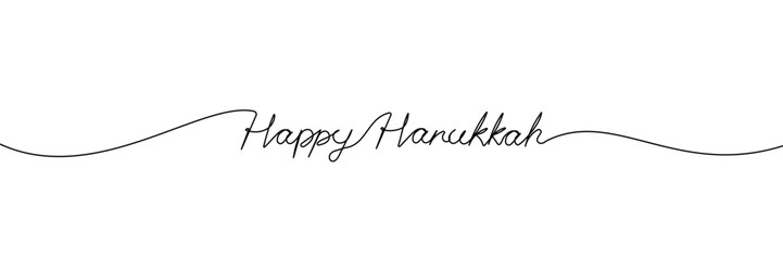 Happy Hanukkah one continuous line lettering. Minimal background, banner template. Handwritten calligraphy with editable stroke. Vector illustration isolated on white backdrop