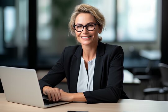 Happy smiling mature 40s professional business woman manager executive or lawyer looking at camera at workplace, working on laptop technology sitting at desk in office. generative AI
