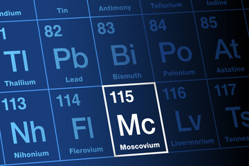 Moscovium on periodic table of elements. Extremely radioactive, superheavy, synthetic transactinide element. Element symbol Mc, atomic number 115. Named after Moscow Oblast, Russia, the seat of JINR.