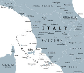 Tuscany, region in central Italy, gray political map with popular tourist spots like Florence, Castiglione della Pescaia, Pisa, Lucca, Grosseto and Siena. The Tuscan Archipelago is part of the region.