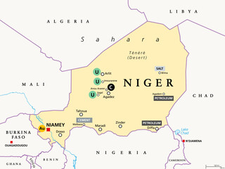 Niger, oil and mining industry. Country in West Africa, and 4th largest producer of uranium (U), with 5 percent of world output. Niger also produces Gold (Au), coal (C), cement, petroleum, salt, etc. © Peter Hermes Furian