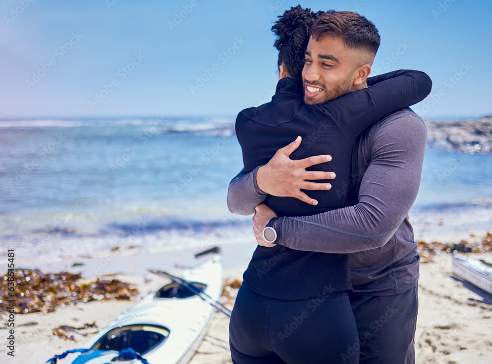 Poster Kayak, sports and fitness couple hug at a beach for training, bond and workout in nature together. Kayaking, love and man embrace woman at the sea for rowing adventure, workout or fun weekend hobby