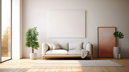 Contemporary minimal: Blank Frame over white sofa in a Stylish Living Room