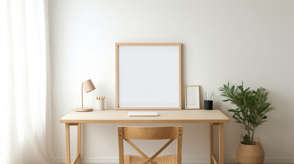 Minimalist Workspace: Wooden Desk and Chair with Blank Frame