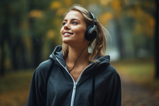 Caucasian sports woman listening to music on headphones outdoors
