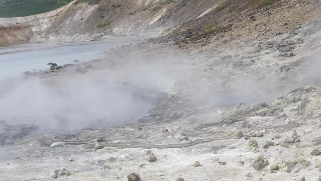 steaming hydrothermal outlet on the shore of the hot lake in the caldera of the Golovnin volcano on the island of Kunashir