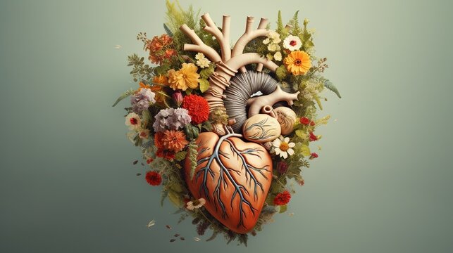 Human heart full of life, flowers and plants, Generative ai.