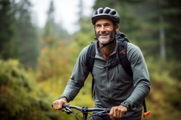 Portrait of happy senior man standing with bicycle in forest during autumn