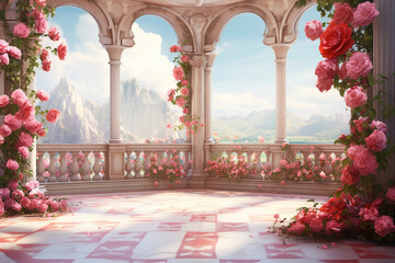 illustration fantasy background wallpaper of beautiful rose flower at ancient palace garden yard