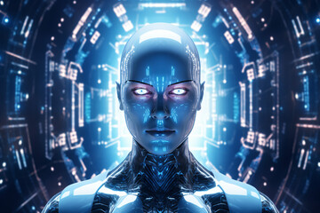 3D humanoid AI robot metaverse cyberspace digital world background, revolution of AI artificial intelligence automated digital technology industry 4. 0 concept
