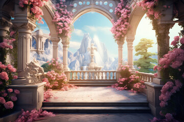 Fototapeta premium illustration fantasy background wallpaper of beautiful rose flower at ancient palace garden yard
