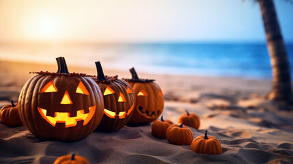 halloween jack o lantern concept with pumpkins on the beach, tropical vacation 