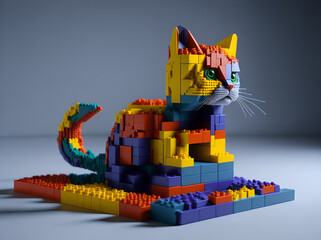 a cat assembled from a multi-colored constructor. AI generated.