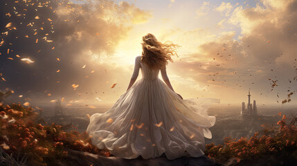 Woman in a flowing dress staring over the horizon with a city in the distance