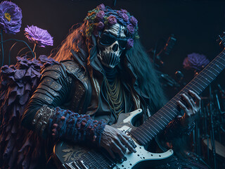 Obraz premium rock guitarist with long hair and a wreath of flowers in his hair. AI generated.