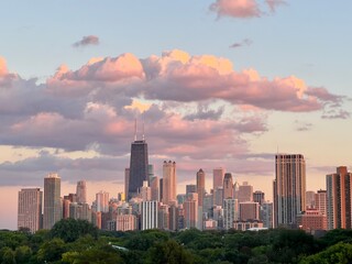 Pink Sunset Over Chicago City Skyline
