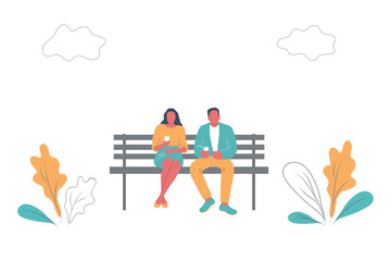 Guy and girl sit on a park bench and drink coffee. Young couple rest. Oak leaves and clouds here. Vector illustration