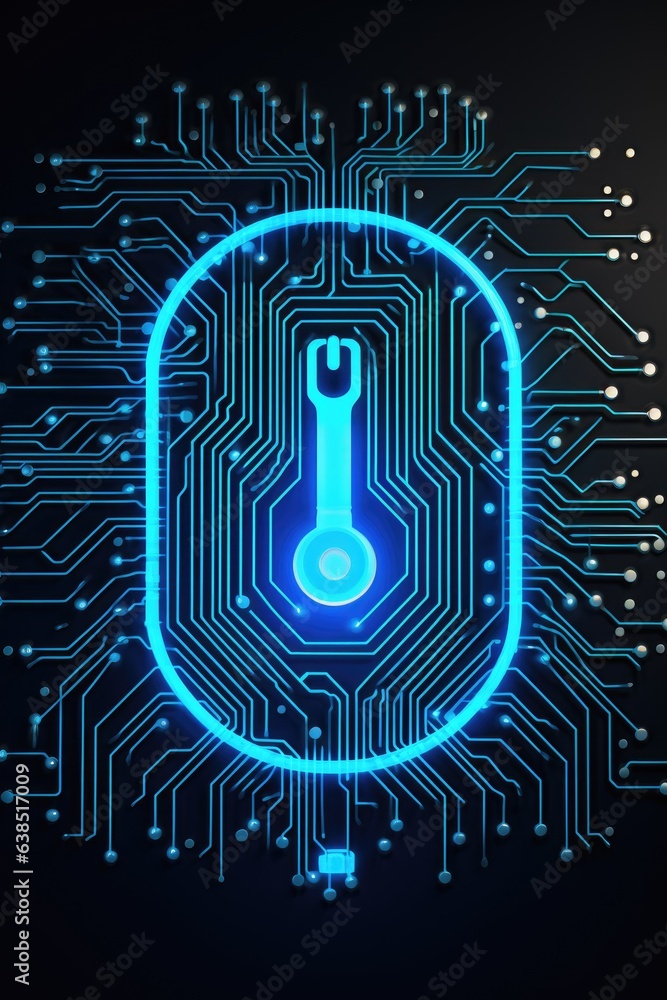 Poster a circuit board with a blue light on it. digital image. cyber security, fingerprint lines.
