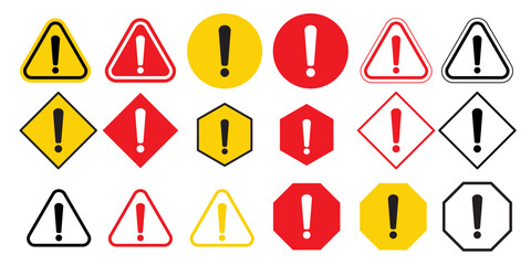 Warning Icon. Danger vector symbol with red and yellow color. Flat outline set of caution mark or hazardous attention logo mark on road ways. Sign of error hint for safety precaution to beware or stop