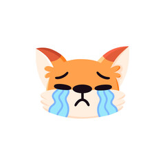 Sad fox face. Crying animal portrait. Cartoon character. Flat vector illustration isolated on white background