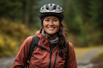 Portrait of a smiling woman with bicycle helmet standing in the forest