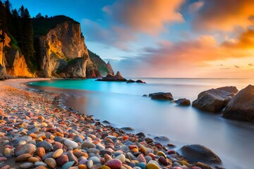 clear crystal water beach full of colorful pebbles  - obrazy, fototapety, plakaty