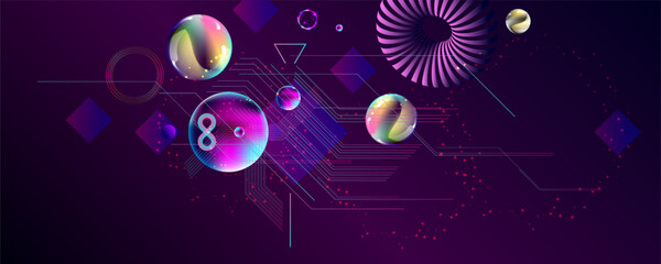 Obraz premium Dark retro futuristic cyberpunk elements abstraction background cosmos synthwave vaporwave retrowave glitch circle with blue and pink glows