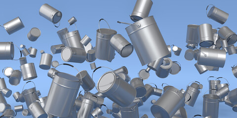 Many of flying metal cans or buckets on blue background.