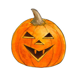 Halloween pumpkin watercolor illustration scary face on white background. Jack's pumpkin head. For the design of postcards, invitations, books, flyers, cards..